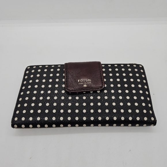 Fossil polka dot wallet black cream with brown clasp - Picture 1 of 10